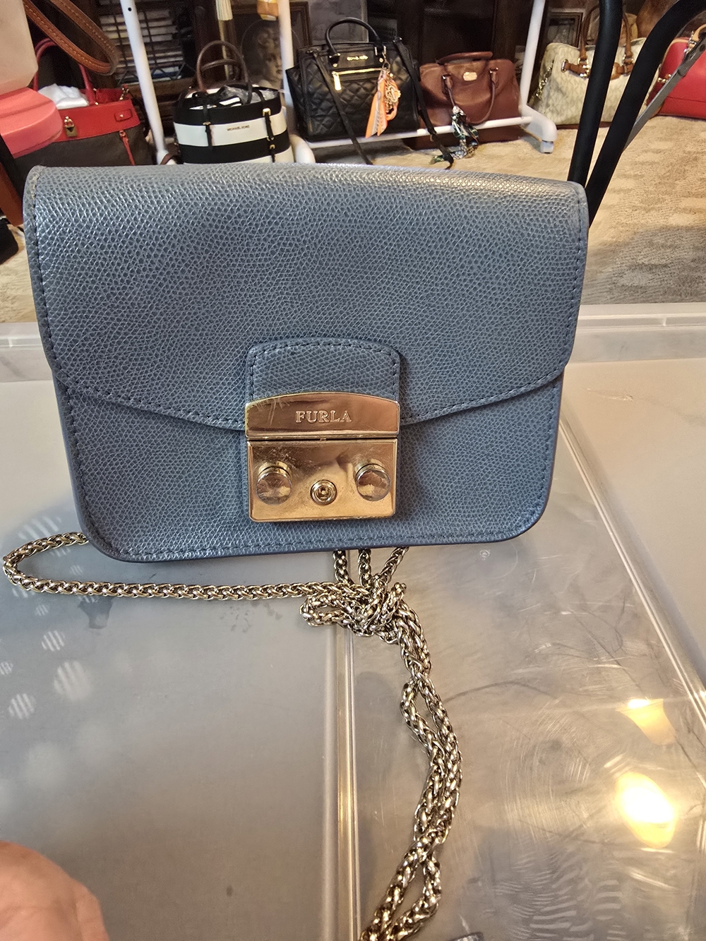 Furla Blue Leather Crossbody Bag with Gold Hardware 6.75x5.5 Gray Suede Interior